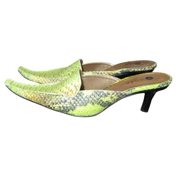 F Mode Verdon Green Viper Anis Snakeskin Italian Leather Square Toe Kitten Mules - Picture 1 of 14